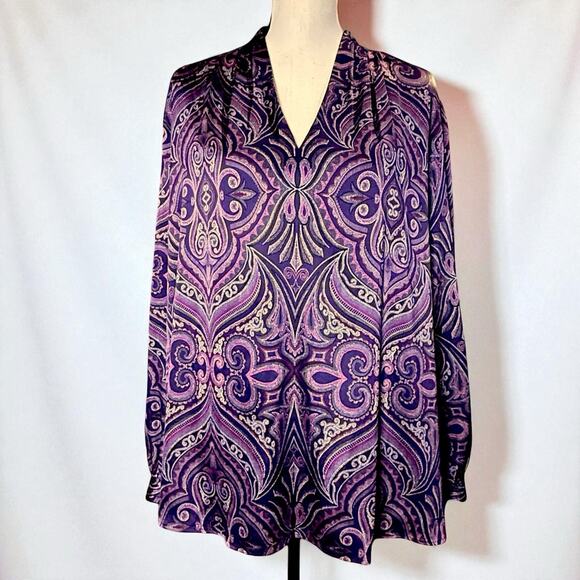 Chico’s Womens Plus Long Sleeve Pleat Scroll Satin Blouse Purple Lotus Petal XXL - Picture 1 of 15